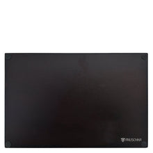 Load image into Gallery viewer, Black leather desk mat with the Wooden Printed Tray - 25001 brand logo on the bottom right corner, featuring a mango enamel detail.
