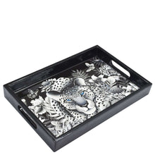 Load image into Gallery viewer, Decorative Anuschka wooden printed tray with a monochrome jungle motif featuring a leopard at the center.
