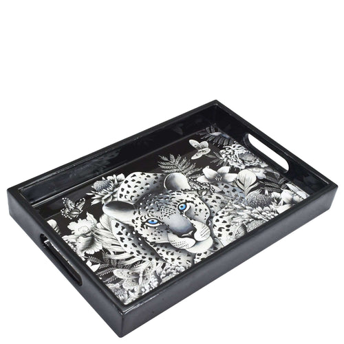 Decorative Anuschka wooden printed tray with a monochrome jungle motif featuring a leopard at the center.