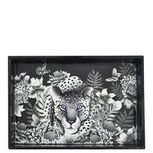 Load image into Gallery viewer, Decorative tray featuring a monochrome illustration of a leopard surrounded by floral motifs, crafted from mango wood and enamel - Anuschka&#39;s Wooden Printed Tray - 25001.
