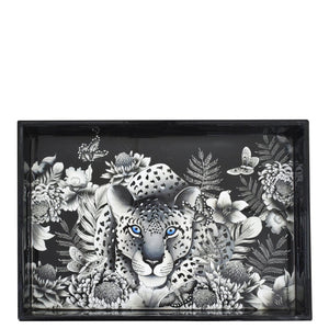 Decorative tray featuring a monochrome illustration of a leopard surrounded by floral motifs, crafted from mango wood and enamel - Anuschka's Wooden Printed Tray - 25001.