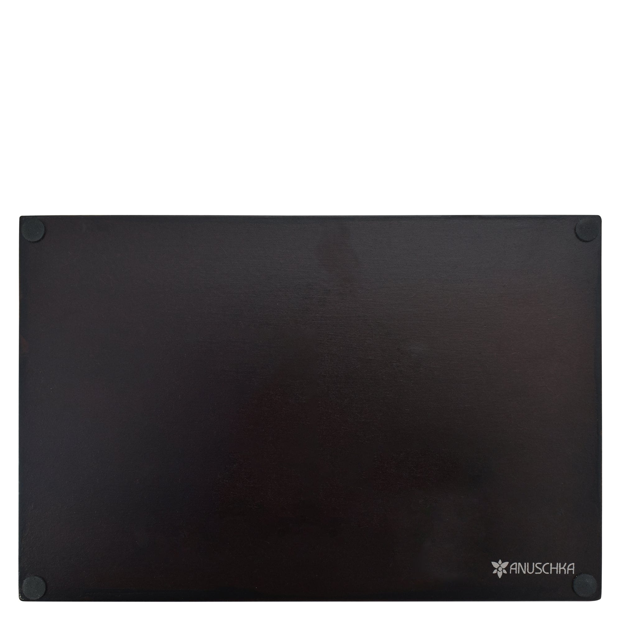 Plain black enamel rectangular surface with an Anuschka logo on the bottom right corner.