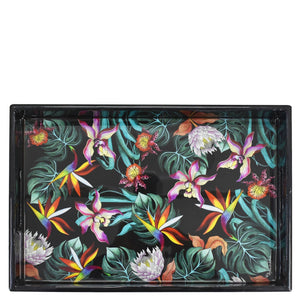 A decorative Wooden Printed Tray - 25001 with a floral and bird motif on a black background by Anuschka.