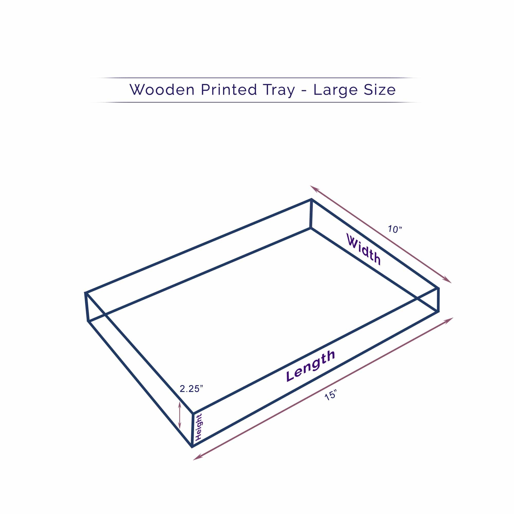 Technical illustration of a large Anuschka Wooden Printed Tray - 25001 with dimensions labeled: length 15", width 10", height 2.25".