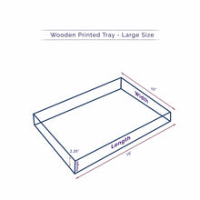 Load image into Gallery viewer, Diagram of a large Anuschka mango wood printed tray with dimensions: length 15&quot;, width 10&quot;, height 2.25&quot;.
