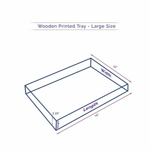 Diagram of a large Anuschka mango wood printed tray with dimensions: length 15", width 10", height 2.25".