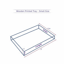 Load image into Gallery viewer, Technical illustration of a small Anuschka Wooden Printed Tray - 25001 with dimensions labeled: length 12 inches, width 8.25 inches, height 1.5 inches.
