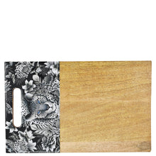 Load image into Gallery viewer, Anuschka&#39;s Wooden Printed Cutting Board - 25002 with hand-painted black and white floral art on one side.
