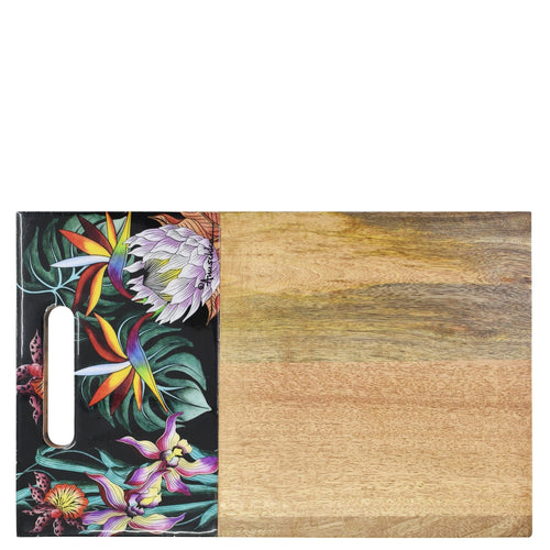 Decorative Anuschka wooden printed cutting board with a floral pattern on one side and a wood grain design on the other.