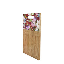 Load image into Gallery viewer, Anuschka&#39;s Wooden Printed Cutting Board - 25002 with floral pattern on the upper end and handle cutout.
