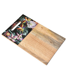 Load image into Gallery viewer, Wooden Printed Cutting Board - 25002 from Anuschka with a black enamel handle and a floral design on one end.
