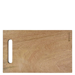 Rectangular Wooden Printed Cutting Board with an enamel handle cutout on a white background by Anuschka.