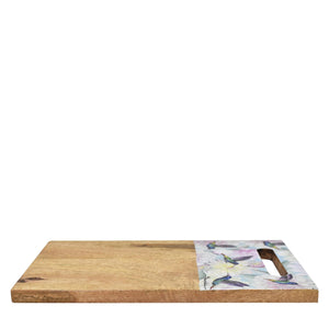 Anuschka Wooden Printed Cutting Board - 25002 with floral design and handle cutout on a white background.