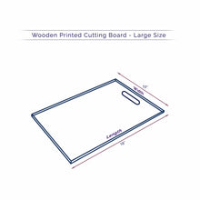 Load image into Gallery viewer, Technical illustration of a large Anuschka wooden printed cutting board with dimensions labeled.
