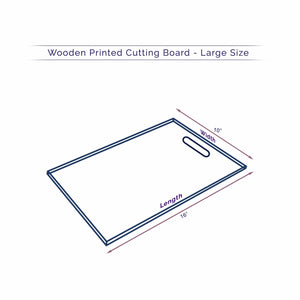 Technical illustration of a large Anuschka wooden printed cutting board with dimensions labeled.