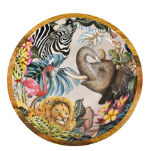 Load image into Gallery viewer, A decorative Anuschka wooden printed bowl featuring illustrations of various wild animals such as an elephant, lion, zebra, and flamingo surrounded by a floral and fauna motif with enamel inlay.
