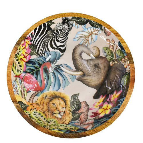 A decorative Anuschka wooden printed bowl featuring illustrations of various wild animals such as an elephant, lion, zebra, and flamingo surrounded by a floral and fauna motif with enamel inlay.