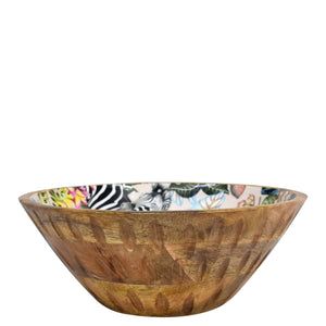 Decorative Anuschka mango wood bowl with a hand-painted interior on a white background.