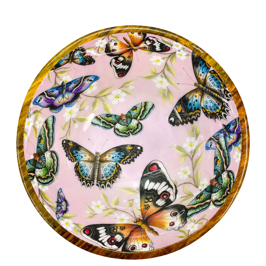 Anuschka Wooden Printed Bowl - 25003 with butterfly and floral motifs on a pink background.