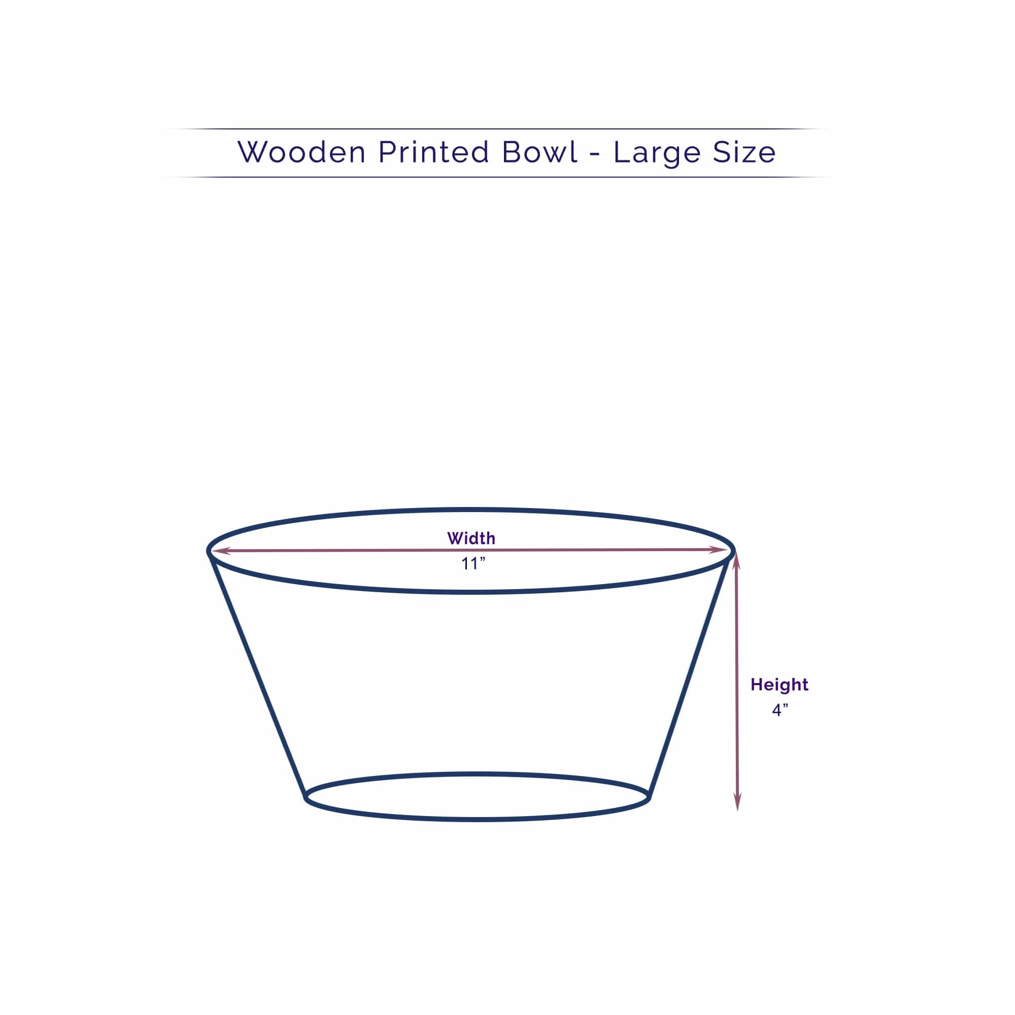 Technical illustration of a large Anuschka wooden printed bowl with dimensions labeled: width 11 inches and height 4 inches.