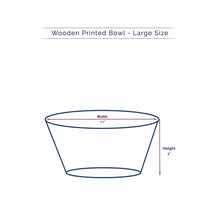 Load image into Gallery viewer, Technical illustration of a large Anuschka wooden printed bowl with dimensions labeled: width 11 inches and height 4 inches.
