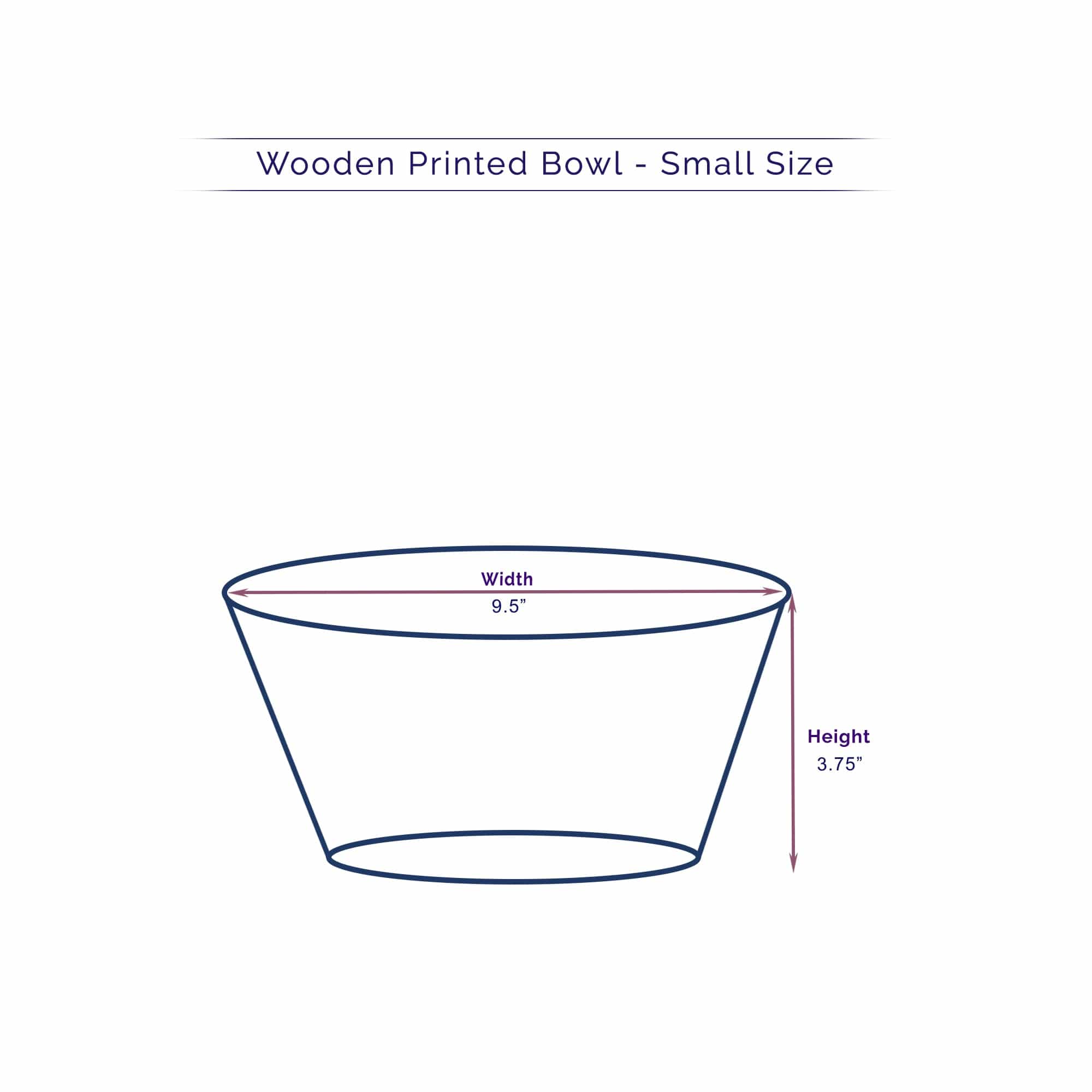 Technical illustration of a small enamel and Anuschka Wooden Printed Bowl - 25003 serving bowl with dimensions labeled: width 9.5 inches, height 3.75 inches.