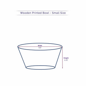 Technical illustration of a small Anuschka wooden printed bowl (product number 25003) with dimensions marked: width 9.5 inches and height 3.75 inches.