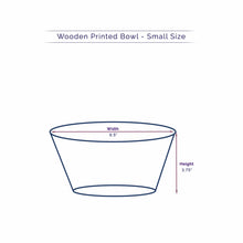 Load image into Gallery viewer, Technical illustration of a small enamel and Anuschka Wooden Printed Bowl - 25003 serving bowl with dimensions labeled: width 9.5 inches, height 3.75 inches.
