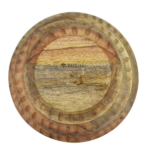 Round wooden plate with a branded mark "manuschim" in the center, now featuring an elegant enamel inlay. Product Name: Anuschka Wooden Printed Bowl - 25003