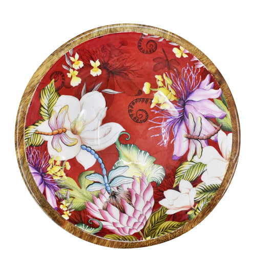 Decorative enamel inlay plate with floral pattern on a red background. 
Product Name: Wooden Printed Bowl - 25003 
Brand Name: Anuschka