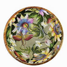 Load image into Gallery viewer, Ornately decorated enamel plate with floral and butterfly motifs from Anuschka&#39;s Wooden Printed Bowl - 25003.
