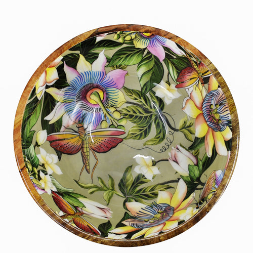 Ornately decorated enamel plate with floral and butterfly motifs from Anuschka's Wooden Printed Bowl - 25003.