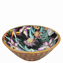 Load image into Gallery viewer, Decorative Anuschka wooden printed serving bowl with floral patterns on a white background and an enamel inlay.
