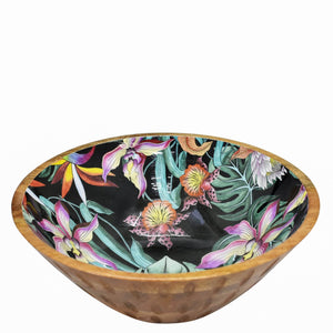 Decorative Anuschka wooden printed serving bowl with floral patterns on a white background and an enamel inlay.