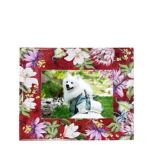 Load image into Gallery viewer, A happy white dog with a backpack sitting in a grassy area, framed by an Anuschka Wooden Printed Photo Frame - 25004.
