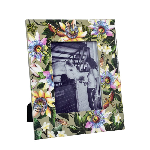 Anuschka Wooden Printed Photo Frame - 25004 with a floral pattern and a wood frame cover image featuring a horse and person.