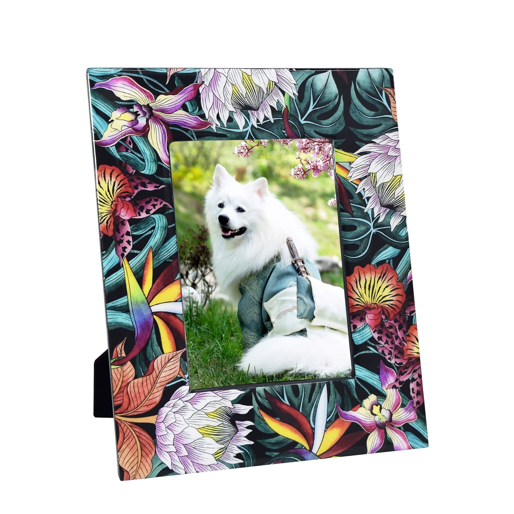 Anuschka Wooden Printed Photo Frame - 25004 containing an image of a white dog in a blooming garden.