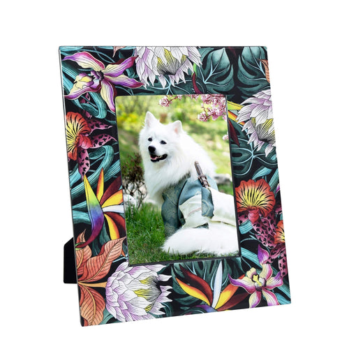 Anuschka Wooden Printed Photo Frame - 25004 containing an image of a white dog in a blooming garden.