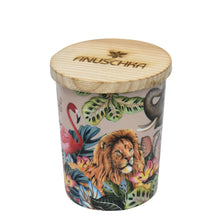 Load image into Gallery viewer, A Printed Glass Candle Jar with a wooden lid and a jungle-themed design featuring a lion, a parrot, and tropical foliage by Anuschka.
