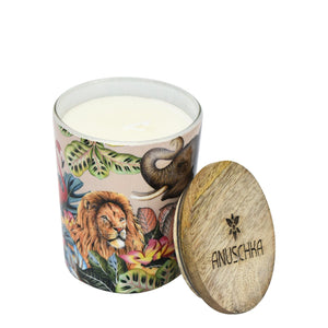 Decoratively painted luxurious Printed Glass Candle Jar with wildlife motifs and a glass jar, branded "Anuschka".