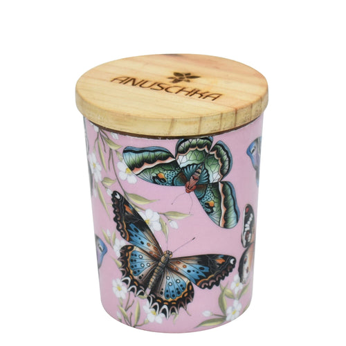 Decorative Printed Glass Candle Jar with a wooden lid, featuring a butterfly motif on a pink background by Anuschka.