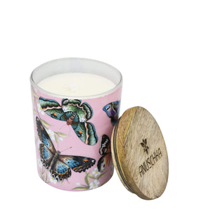 Anuschka's Printed Glass Candle Jar - 25005, with butterfly motifs, made with essential oils, and a wooden lid.