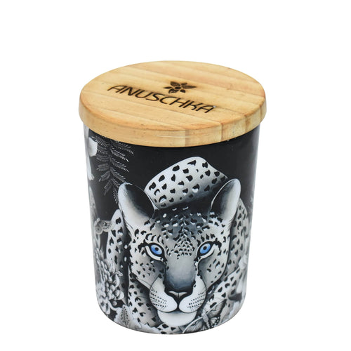 A cylindrical Printed Glass Candle Jar - 25005 with a leopard print design and a wooden lid, bearing the brand name 