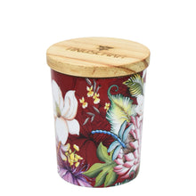 Load image into Gallery viewer, Decorative printed glass candle jar with a floral pattern and glass lid for essential oils by Anuschka.
