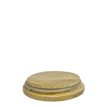 Load image into Gallery viewer, Two round wooden coasters stacked on top of each other against a white background, accompanied by Anuschka Printed Glass Candle Jar - 25005 candles.
