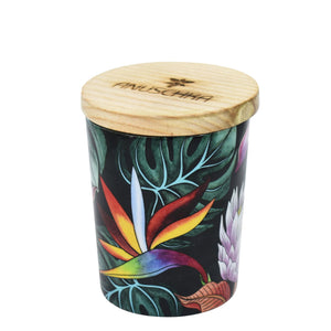Decorative Printed Glass Candle Jar with a wooden lid and a colorful floral design on the side, ideal for candles or essential oils.