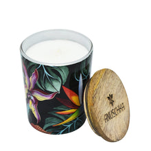 Load image into Gallery viewer, Anuschka Printed Glass Candle Jar - 25005 with a floral design in a glass jar and wooden lid on a white background.
