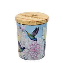 Load image into Gallery viewer, Decorative printed glass candle jar with hummingbird and floral print, featuring a wooden lid by Anuschka.

