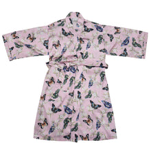 Load image into Gallery viewer, A pink kimono-style robe with a butterfly pattern displayed on a white background, perfect for relaxing self-care moments, the Anuschka Robe-3343.
