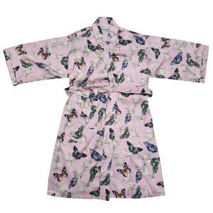A pink kimono-style robe with a butterfly pattern displayed on a white background, perfect for relaxing self-care moments, the Anuschka Robe-3343.